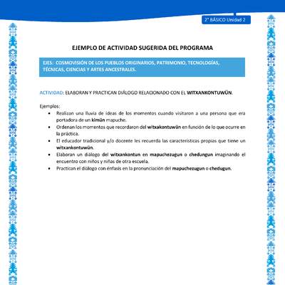 Actividad sugerida: LC02 - Mapuche - U2 - N°8: ELABORAN Y PRACTICAN DIÁLOGO RELACIONADO CON EL WITXANKONTUWÜN.