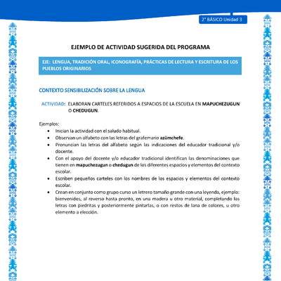 Actividad sugerida: LC02 - Mapuche - U3 - N°1: ELABORAN CARTELES REFERIDOS A ESPACIOS DE LA ESCUELA EN MAPUCHEZUGUN O CHEDUGUN.