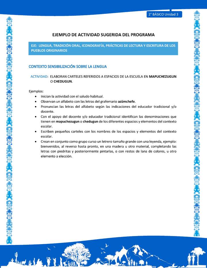 Actividad sugerida: LC02 - Mapuche - U3 - N°1: ELABORAN CARTELES REFERIDOS A ESPACIOS DE LA ESCUELA EN MAPUCHEZUGUN O CHEDUGUN.