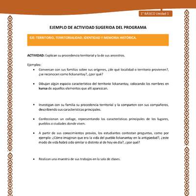 Actividad sugerida: LC01 - Lickanantay - U1 - N°5: EXPLICAN SU PROCEDENCIA TERRITORIAL Y LA DE SUS ANCESTROS