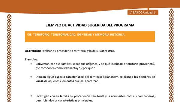 Actividad sugerida: LC01 - Lickanantay - U1 - N°5: EXPLICAN SU PROCEDENCIA TERRITORIAL Y LA DE SUS ANCESTROS