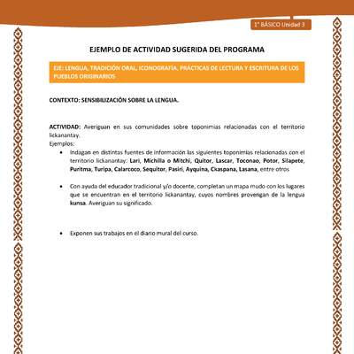 Actividad sugerida: LC01 - Lickanantay - U3 - N°2: AVERIGUAN EN SUS COMUNIDADES SOBRE TOPONIMIAS RELACIONADAS CON EL TERRITORIO LICKANANTAY.