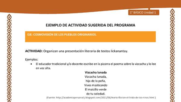 Actividad sugerida: LC01 - Lickanantay - U1 - N°8: ORGANIZAN UNA PRESENTACIÓN LITERARIA DE TEXTOS LICKANANTAY