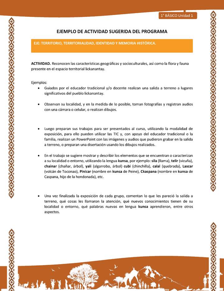 Actividad sugerida: LC01 - Lickanantay - U1 - N°4: RECONOCEN LAS CARACTERÍSTICAS GEOGRÁFICAS Y SOCIOCULTURALES, ASÍ COMO LA FLORA Y FAUNA PRESENTE EN EL ESPACIO TERRITORIAL LICKANANTAY.