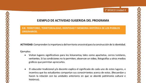 Actividad sugerida: LC02 - Lickanantay - U4 - N°3: COMPRENDEN LA IMPORTANCIA DEL TERRITORIO ANCESTRAL PARA LA CONSTRUCCIÓN DE LA IDENTIDAD.