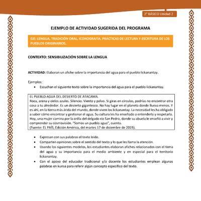 Actividad sugerida: LC02 - Lickanantay - U2 - N°2: ELABORAN UN AFICHE SOBRE LA IMPORTANCIA DEL AGUA PARA EL PUEBLO LICKANANTAY.