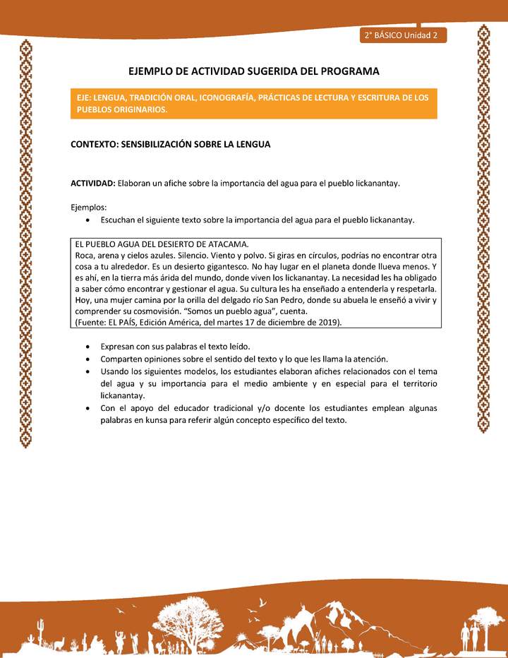 Actividad sugerida: LC02 - Lickanantay - U2 - N°2: ELABORAN UN AFICHE SOBRE LA IMPORTANCIA DEL AGUA PARA EL PUEBLO LICKANANTAY.