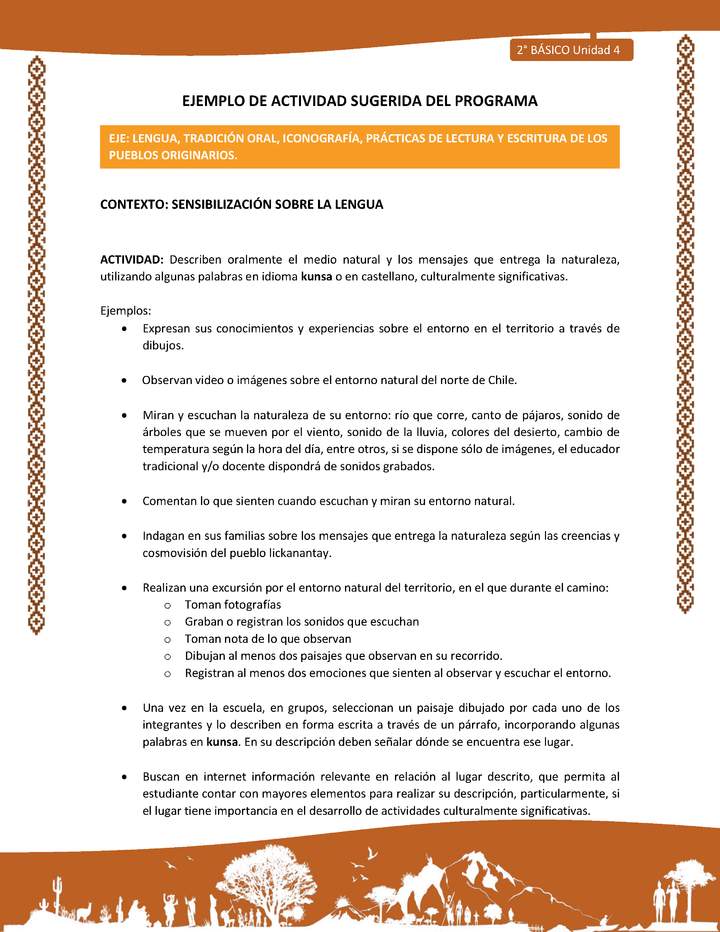 Actividad sugerida: LC02 - Lickanantay - U4 - N°1: DESCRIBEN ORALMENTE EL MEDIO NATURAL Y LOS MENSAJES QUE ENTREGA LA NATURALEZA, UTILIZANDO ALGUNAS PALABRAS EN IDIOMA KUNSA O EN CASTELLANO, CULTURALMENTE SIGNIFICATIVAS.