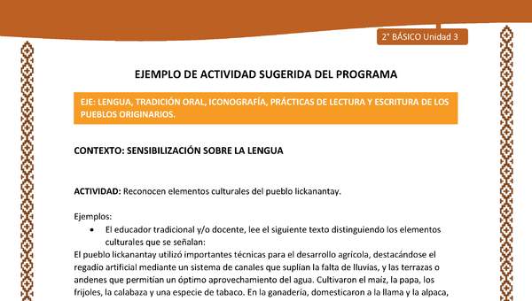 Actividad sugerida: LC02 - Lickanantay - U3 - N°2: RECONOCEN ELEMENTOS CULTURALES DEL PUEBLO LICKANANTAY.