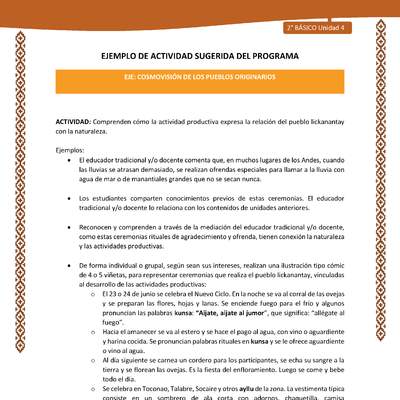 Actividad sugerida: LC02 - Lickanantay - U4 - N°5: COMPRENDEN CÓMO LA ACTIVIDAD PRODUCTIVA EXPRESA LA RELACIÓN DEL PUEBLO LICKANANTAY CON LA NATURALEZA.