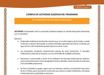 Actividad sugerida: LC02 - Lickanantay - U4 - N°5: COMPRENDEN CÓMO LA ACTIVIDAD PRODUCTIVA EXPRESA LA RELACIÓN DEL PUEBLO LICKANANTAY CON LA NATURALEZA.