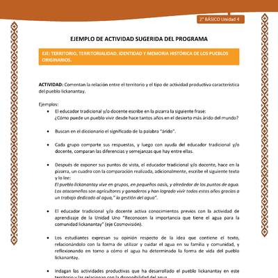 Actividad sugerida: LC02 - Lickanantay - U4 - N°4: COMPRENDEN LA IMPORTANCIA DEL TERRITORIO ANCESTRAL PARA LA CONSTRUCCIÓN DE LA IDENTIDAD.