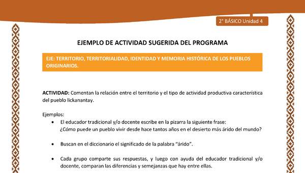 Actividad sugerida: LC02 - Lickanantay - U4 - N°4: COMPRENDEN LA IMPORTANCIA DEL TERRITORIO ANCESTRAL PARA LA CONSTRUCCIÓN DE LA IDENTIDAD.