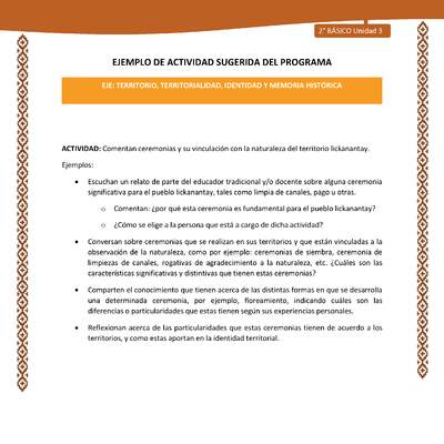 Actividad sugerida: LC02 - Lickanantay - U3 - N°4: COMENTAN CEREMONIAS Y SU VINCULACIÓN CON LA NATURALEZA DEL TERRITORIO LICKANANTAY.