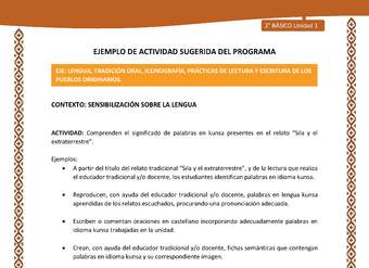 Actividad sugerida: LC02 - Lickanantay - U1 - N°3: COMPRENDEN EL SIGNIFICADO DE PALABRAS EN KUNSA PRESENTES EN EL RELATO “SILA Y EL EXTRATERRESTRE”.