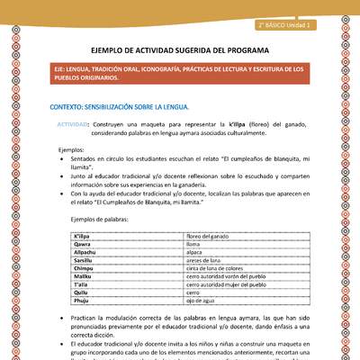 Actividad sugerida Nº 3 - LC02 - LS -AYM-U1-03-2B-LS-Construyen una maqueta para representar la k’illpa (floreo) del ganado, considerando palabras en lengua aymara asociadas culturalmente.