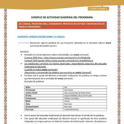 Actividad sugerida Nº 2 - LC02 -AYM-U1-02-2B-LS-Reconocen algunas palabras de uso frecuente utilizadas en la actividad cultural anata (carnaval) del pueblo aymara.