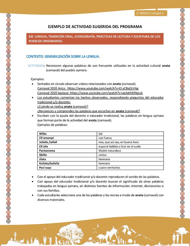 Actividad sugerida Nº 2 - LC02 -AYM-U1-02-2B-LS-Reconocen algunas palabras de uso frecuente utilizadas en la actividad cultural anata (carnaval) del pueblo aymara.