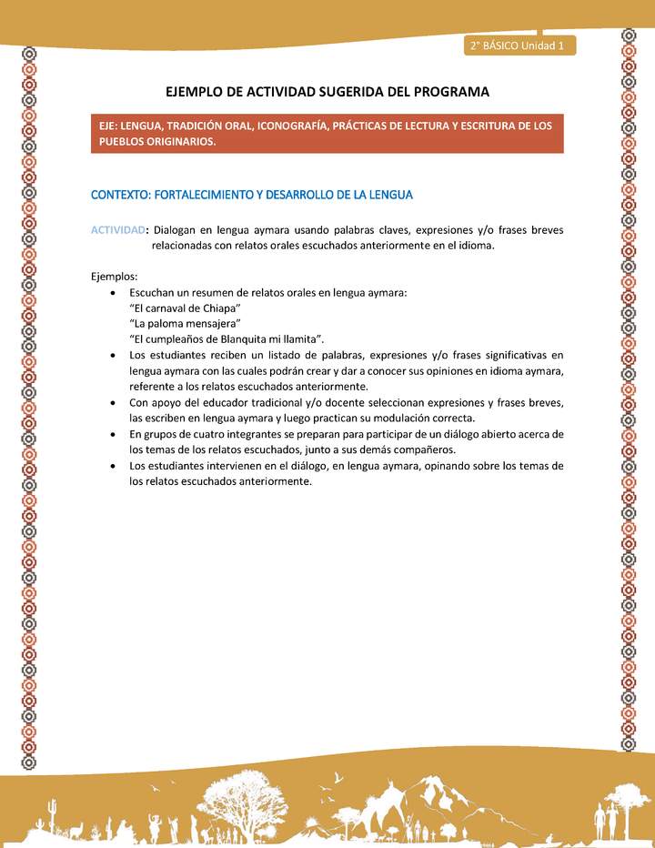 Actividad sugerida Nº 9 - LC02 - AYM-U1-09-2B-LF-Dialogan en lengua aymara usando palabras claves expresiones y o frases breves relacionadas con relatos orales escuchados anteriormente en el idioma.