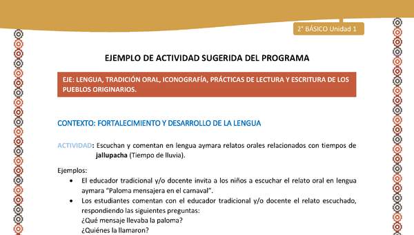 Actividad sugerida Nº 7 - LC02 - AYM-U1-07-2B-LF-Escuchan y comentan en lengua aymara relatos orales relacionados con tiempos de jallupacha (Tiempo de lluvia).