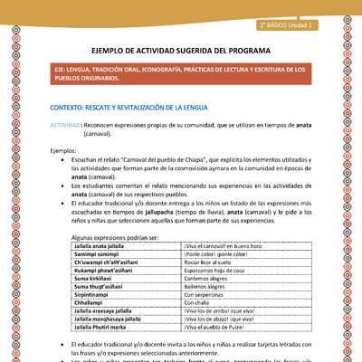 Actividad sugerida Nº 4 - LC02 - AYM-U1-04-2B-LR-Reconocen expresiones propias de su comunidad, que se utilizan en tiempos de anata (carnaval).