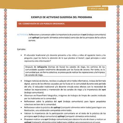 Actividad sugerida Nº 14- LC02 - AYM-U2-01-ECO- Reflexionan y conversan sobre la importancia de practicar el ayni (trabajo comunitario) y el apthapi (compartir alimentos entre todos) como dos de los principios de la cultura aymara.