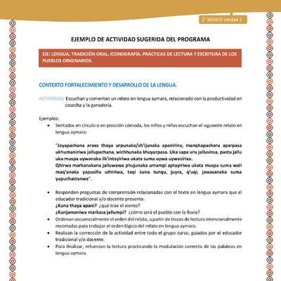 Actividad sugerida Nº 7- LC02 - AYM-U2-01-LF- Escuchan y comentan un relato en lengua aymara, relacionado con la productividad en cosecha y la ganadería.