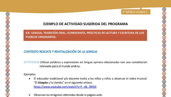 Actividad sugerida Nº 5- LC02 - AYM-U2-01-LR- Utilizan palabras y expresiones en lengua aymara relacionadas con una constelación relevante para el mundo andino.