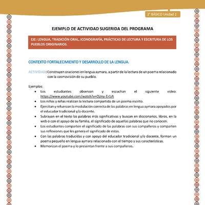 Actividad sugerida Nº 8- LC02 - AYM-U2-01-LF- Construyen oraciones en lengua aymara, a partir de la lectura de un poema relacionado con la cosmovisión de su pueblo.