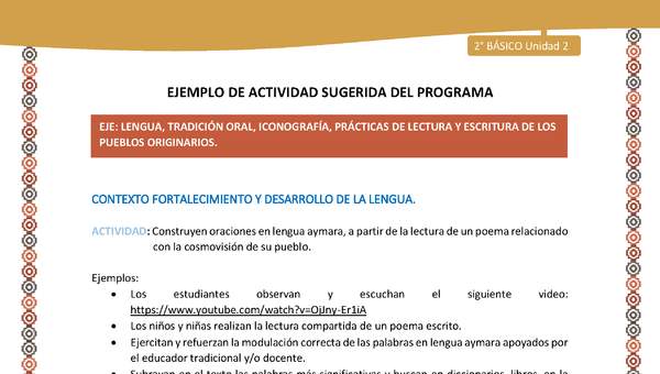 Actividad sugerida Nº 8- LC02 - AYM-U2-01-LF- Construyen oraciones en lengua aymara, a partir de la lectura de un poema relacionado con la cosmovisión de su pueblo.