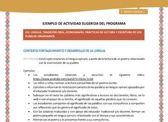 Actividad sugerida Nº 8- LC02 - AYM-U2-01-LF- Construyen oraciones en lengua aymara, a partir de la lectura de un poema relacionado con la cosmovisión de su pueblo.