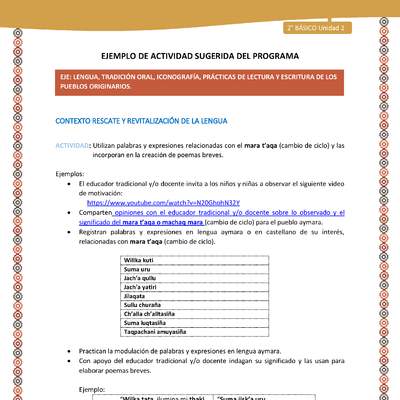 Actividad sugerida Nº 6- LC02 - AYM-U2-01-LR- Utilizan palabras y expresiones relacionadas con el mara t’aqa (cambio de ciclo) y las incorporan en la creación de poemas breves.