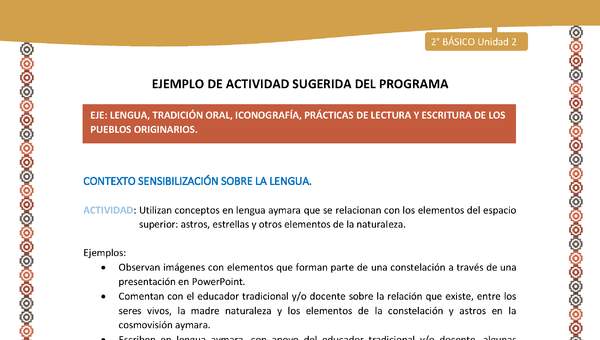 Actividad sugerida Nº 2- LC02 - AYM-U2-01-LS- Utilizan conceptos en lengua aymara que se relacionan con los elementos del espacio superior: astros, estrellas y otros elementos de la naturaleza.