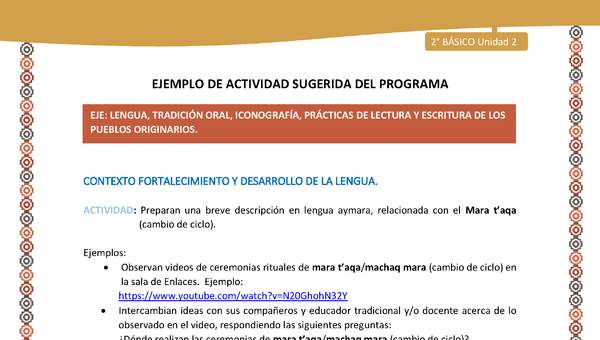 Actividad sugerida Nº 9- LC02 - AYM-U2-01-LF-  Preparan una breve descripción en lengua aymara, relacionada con el Mara t’aqa (cambio de ciclo).