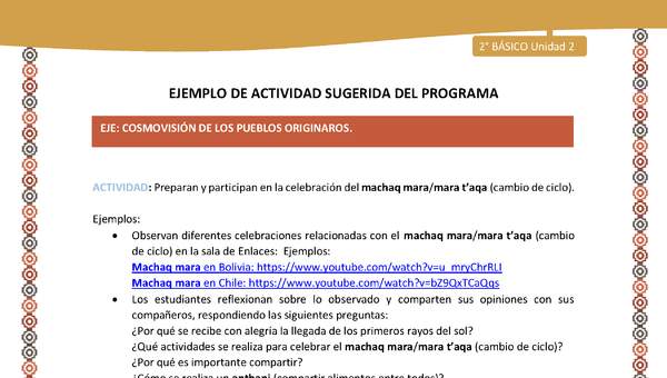 Actividad sugerida Nº 15- LC02 - AYM-U2-01-ECO- Preparan y participan en la celebración del machaq mara/mara t’aqa (cambio de ciclo).