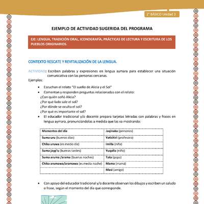 Actividad sugerida Nº 3- LC02 - AYM-U3-LR-Escriben palabras y expresiones en lengua aymara para establecer una situación comunicativa con las personas cercanas