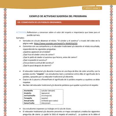 Actividad sugerida Nº 10- LC02 - AYM-U3-ECO-Reflexionan y conversan sobre el valor del respeto e importancia que tiene para el pueblo aymara.