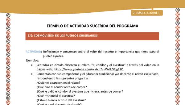 Actividad sugerida Nº 10- LC02 - AYM-U3-ECO-Reflexionan y conversan sobre el valor del respeto e importancia que tiene para el pueblo aymara.