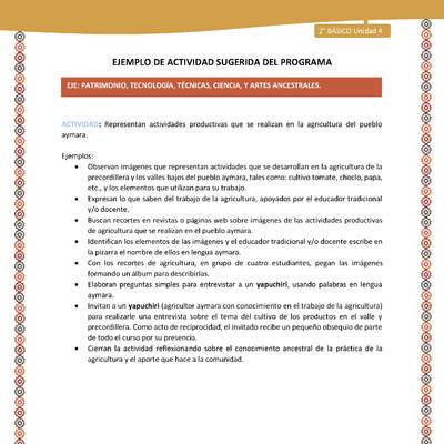 Actividad sugerida Nº 13- LC02 - AYM-U3-13-AYM-U4-13-2B- EP-Representan actividades productivas que se realizan en la agricultura del pueblo aymara.