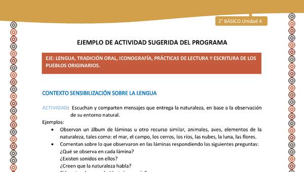 Actividad sugerida Nº 1- LC02 - AYM-U3-1-AYM-U4-01-2B-LS-Escuchan y comparten mensajes que entrega la naturaleza, en base a la observación de su entorno natural.