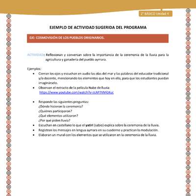 Actividad sugerida Nº 11- LC02 - AYM-U3-11-AYM-U4-11-2B-ECO-Reflexionan y conversan sobre la importancia de la ceremonia de la lluvia para la agricultura y ganadería del pueblo aymara.