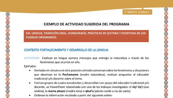 Actividad sugerida Nº 5- LC02 - AYM-U3- 5-AYM-U4-05-2B-LF-Explican en lengua aymara mensajes que entrega la naturaleza a través de los fenómenos que ocurren en ella