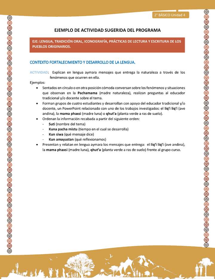 Actividad sugerida Nº 5- LC02 - AYM-U3- 5-AYM-U4-05-2B-LF-Explican en lengua aymara mensajes que entrega la naturaleza a través de los fenómenos que ocurren en ella