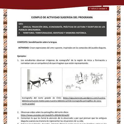 Actividad sugerida: LC01 - Diaguita - U4 - N°1: CREAN EXPRESIONES DEL ARTE RUPESTRE, INSPIRADOS EN LAS CONOCIDAS DEL PUEBLO DIAGUITA.