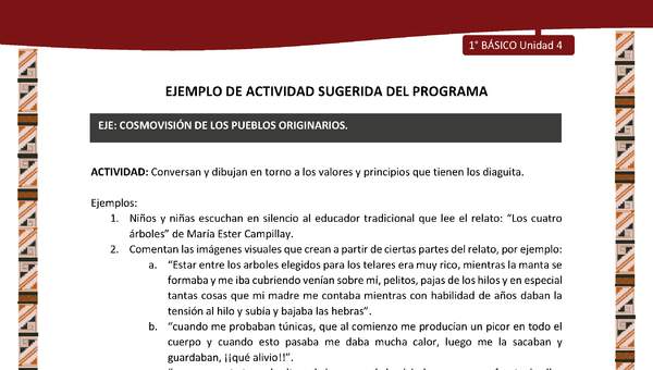 Actividad sugerida: LC01 - Diaguita - U4 - N°3: CONVERSAN Y DIBUJAN EN TORNO A LOS VALORES Y PRINCIPIOS QUE TIENEN LOS DIAGUITA.