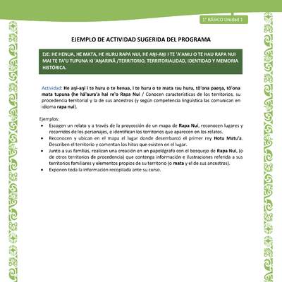 Actividad sugerida LC01 - Rapa Nui - U1 - N°13: Conocen características de los territorios, su procedencia territorial y la de sus ancestros (y según competencia lingüística las comunican en idioma rapa nui).