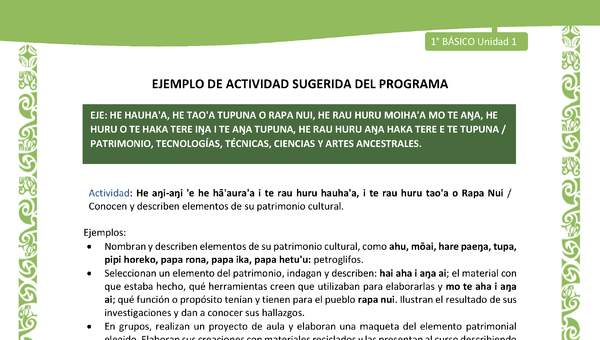 Actividad sugerida LC01 - Rapa Nui - U1 - N°16: Conocen y describen elementos de su patrimonio cultural.