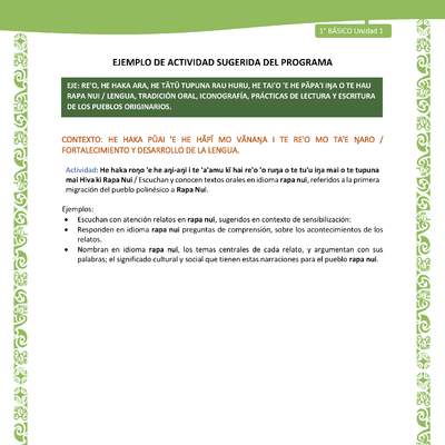 Actividad sugerida LC01 - Rapa Nui - U1 - N°09: Escuchan y conocen textos orales en idioma rapa nui, referidos a la primera migración del pueblo polinésico a Rapa Nui.