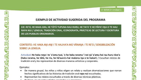 Actividad sugerida LC01 - Rapa Nui - U1 - N°04: Escuchan relatos de tradición oral y los representan de diversas maneras artísticas y corporales.