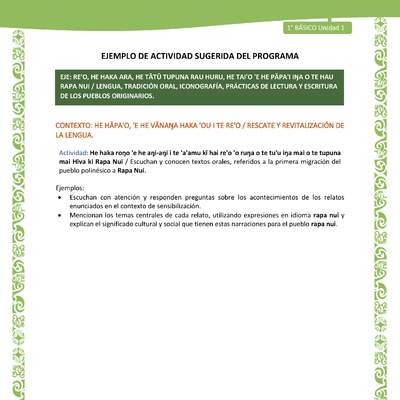 Actividad sugerida LC01 - Rapa Nui - U1 - N°05: Escuchan y conocen textos orales, referidos a la primera migración del pueblo polinésico a Rapa Nui.